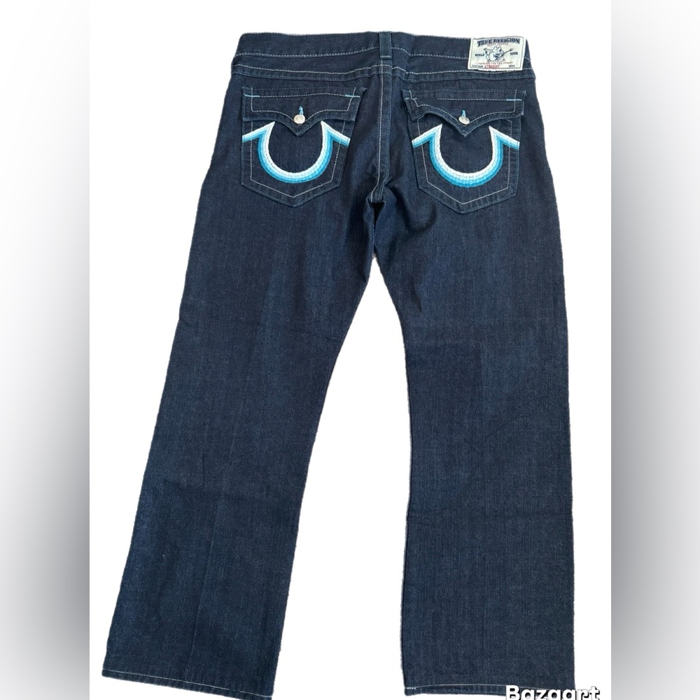 True Religion Men’s Dark Indigo Jeans with Blue Pocket Horseshoe